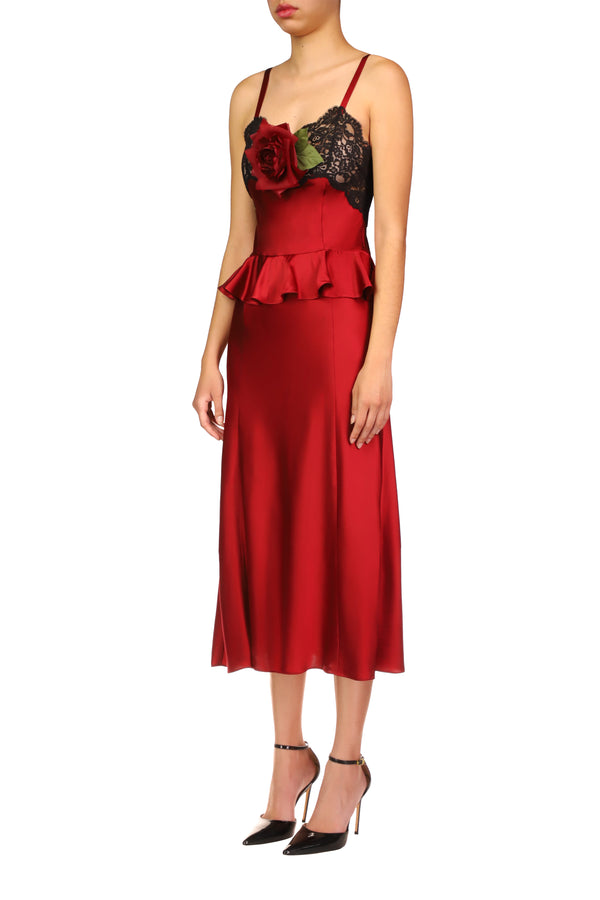 Rodarte Red Silk Satin Slip Dress With Peplum And Black Lace Details
