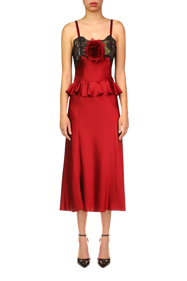 rodarte Red Silk Satin Slip Dress With Peplum And Black Lace Details