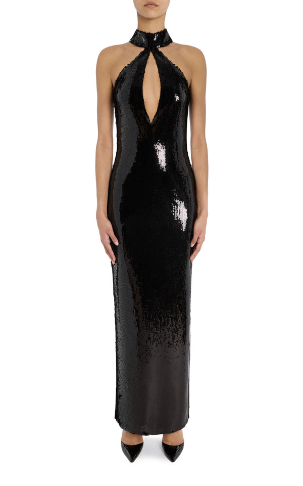 rodarte Black Sequin Halter Gown