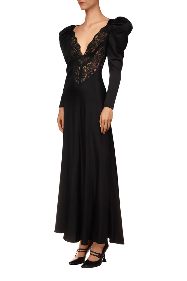 Rodarte Black Silk And Lace Bias Long Sleeve Dress