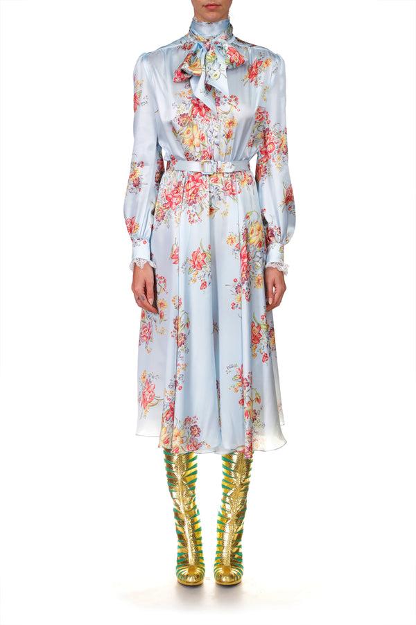 Rodarte Blue Floral Silk Dress With Sash Tie Neck