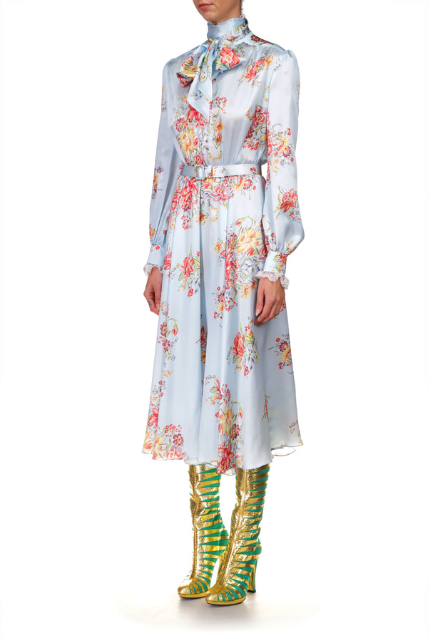 Rodarte Blue Floral Silk Dress With Sash Tie Neck