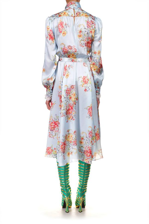 Rodarte Blue Floral Silk Dress With Sash Tie Neck