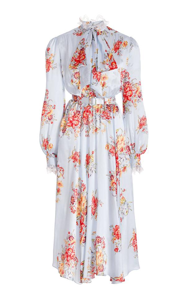 rodarte Blue Floral Silk Dress With Sash Tie Neck