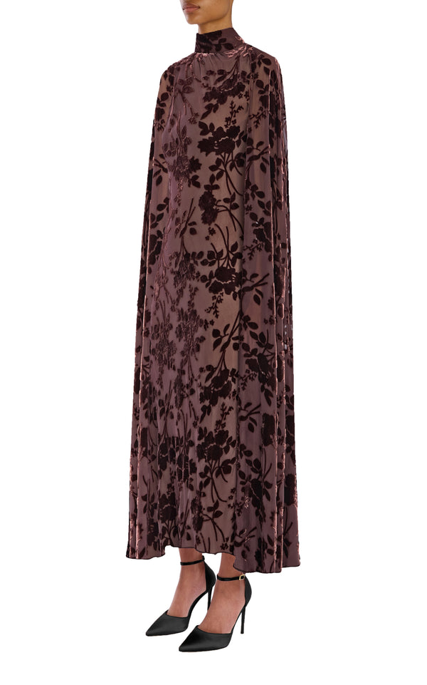 Rodarte Brown Floral Silk Velvet Devoré Cape Dress