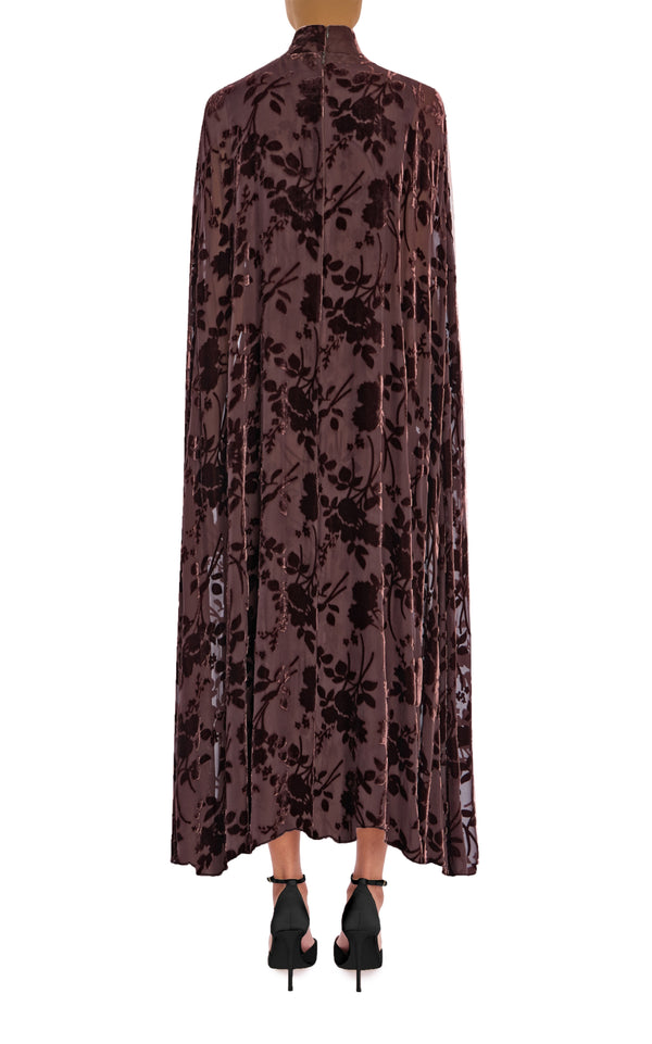 Rodarte Brown Floral Silk Velvet Devoré Cape Dress