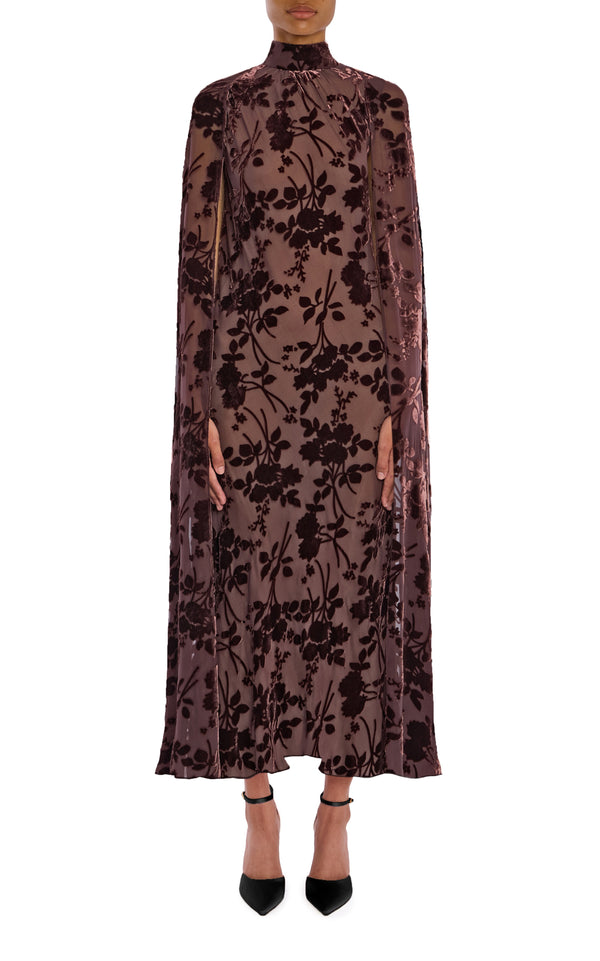 rodarte Brown Floral Silk Velvet Devoré Cape Dress