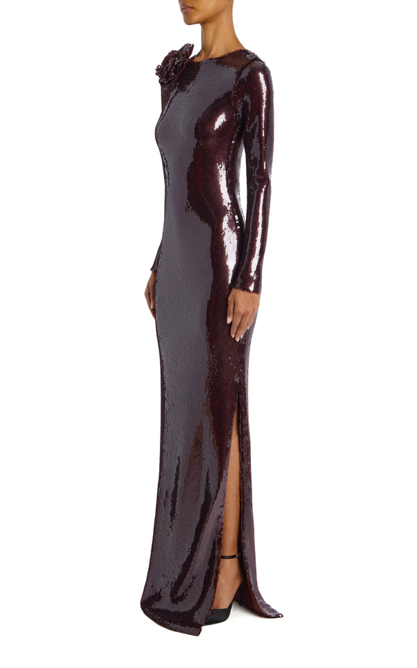 Rodarte Brown Sequin Gown With Flower Detail