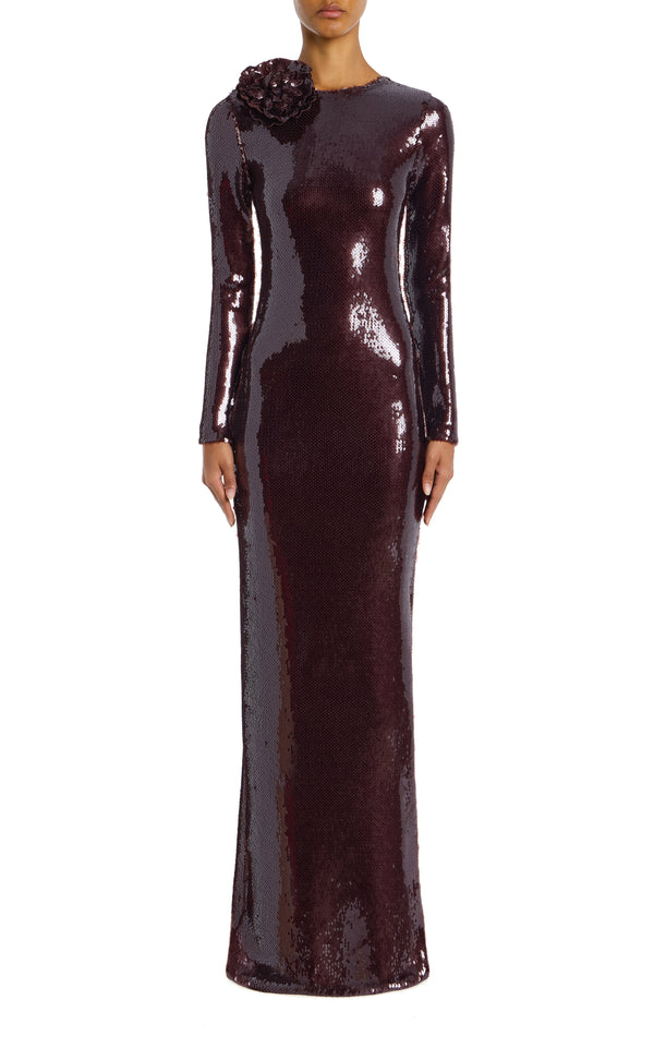 rodarte Brown Sequin Gown With Flower Detail