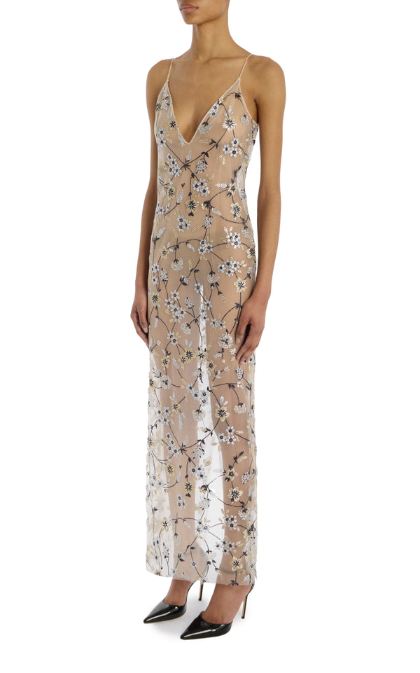 Rodarte Floral Glitter Illusion Tulle Slip Dress