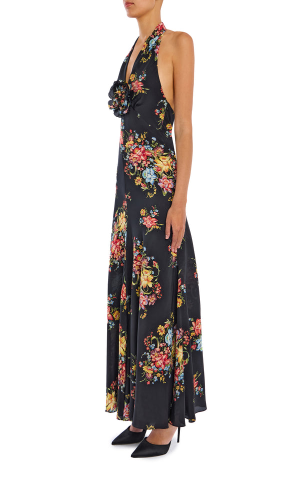 Rodarte Floral Silk Halter Dress With Silk Flower