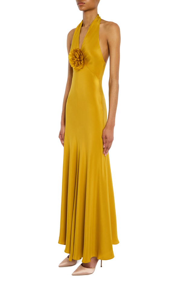 Rodarte Ochre Silk Halter Dress With Silk Flower