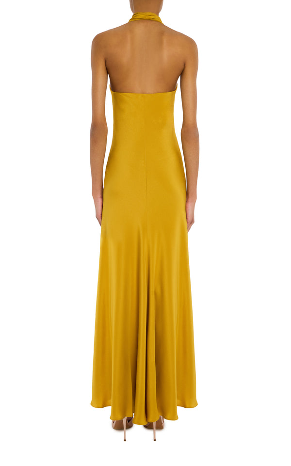 Rodarte Ochre Silk Halter Dress With Silk Flower