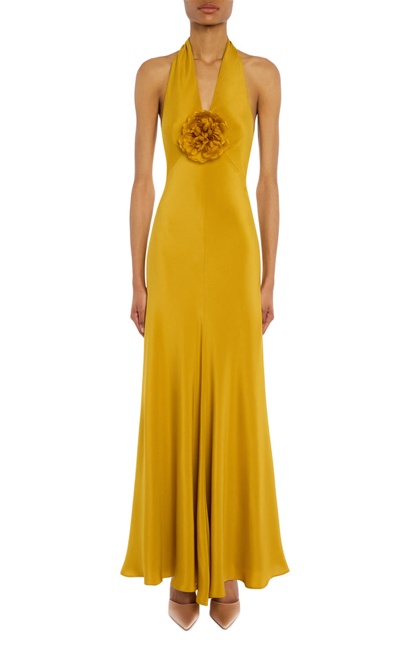 rodarte Ochre Silk Halter Dress With Silk Flower