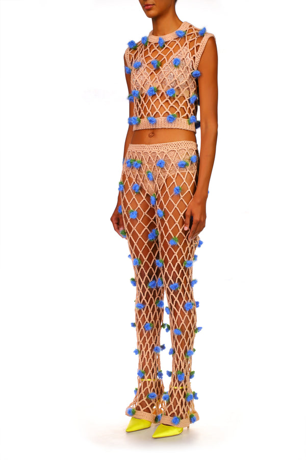 Rodarte Peach Hand Cochet Top With Blue Flowers