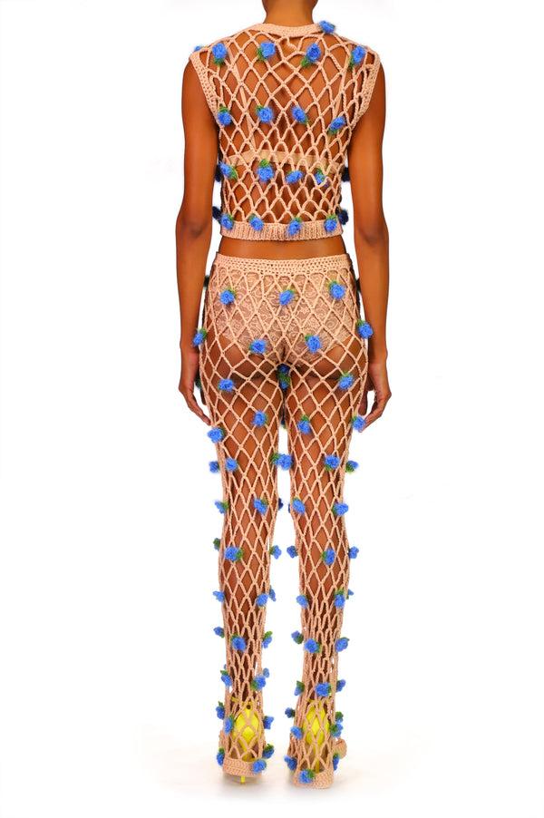 Rodarte Peach Hand Crochet Pants With Blue Flowers