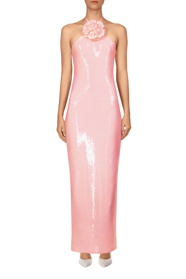 rodarte Pink Sequin Halter Gown With Sequin Flower rodarte Pink Sequin Halter Gown With Sequin Flower
