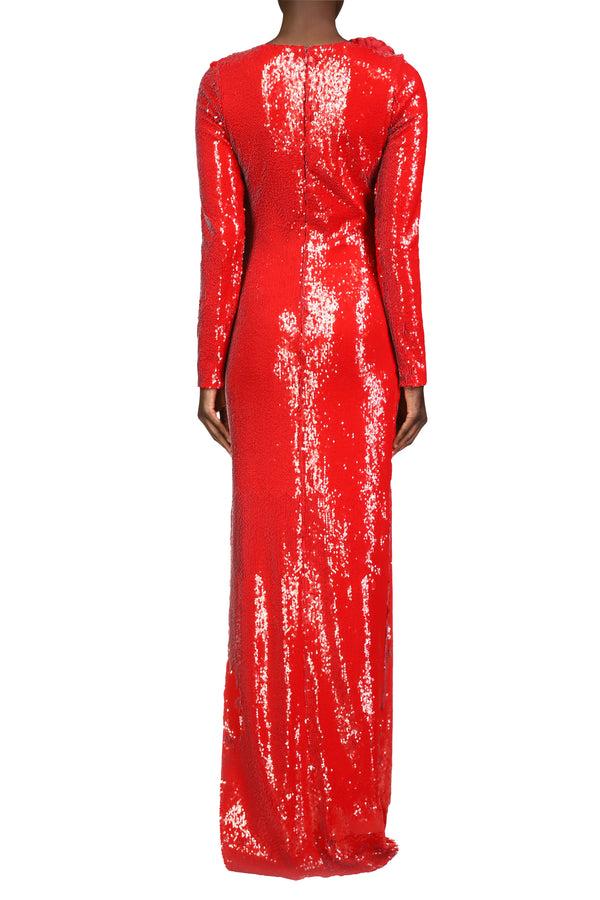 Rodarte Red Sequin Gown With Flower Detail