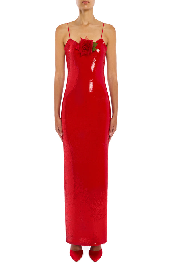 rodarte Red Sequin Gown With Flower Detail