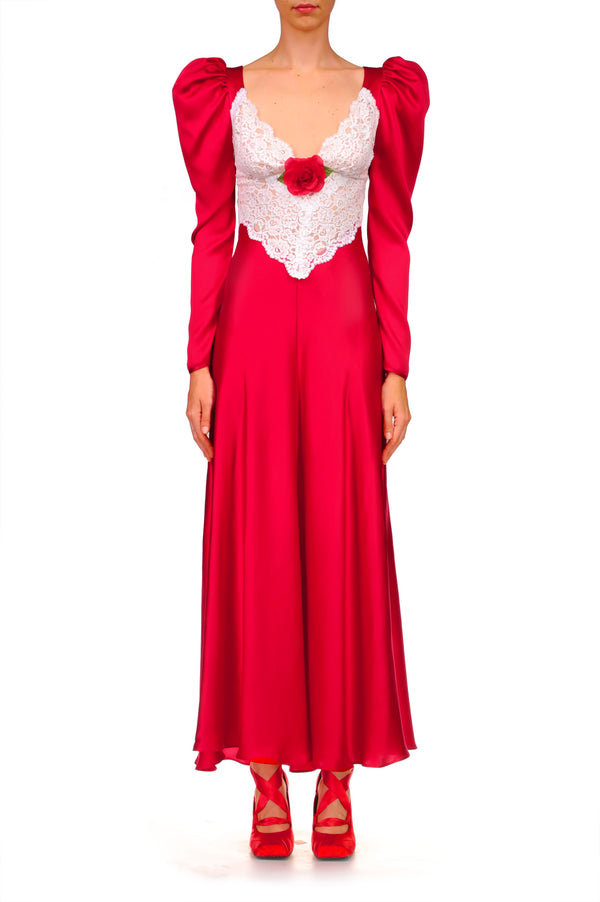 Rodarte Red Silk And Lace Dress With Silk Flower