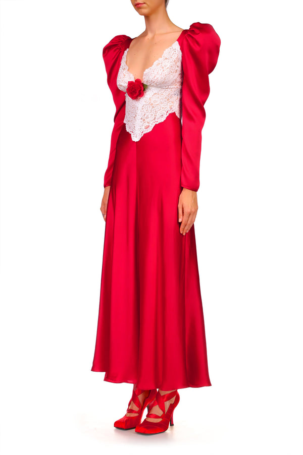 Rodarte Red Silk And Lace Dress With Silk Flower