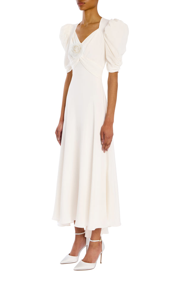 Rodarte Silk Crepe Puff Sleeve Dress With Flower