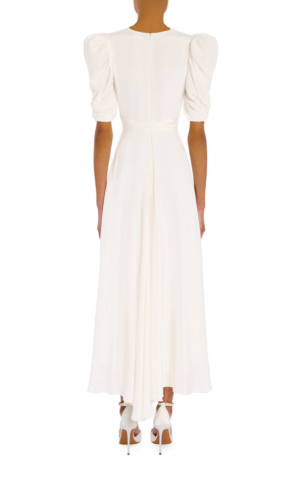 Rodarte Silk Crepe Puff Sleeve Dress With Flower