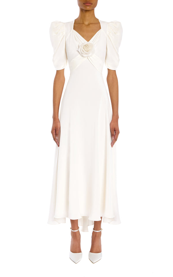 rodarte Silk Crepe Puff Sleeve Dress with Flower