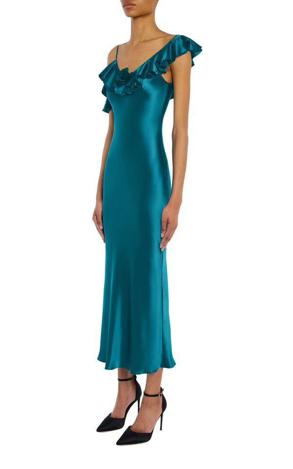 Rodarte Teal Silk Satin Dress With Ruffle Detail