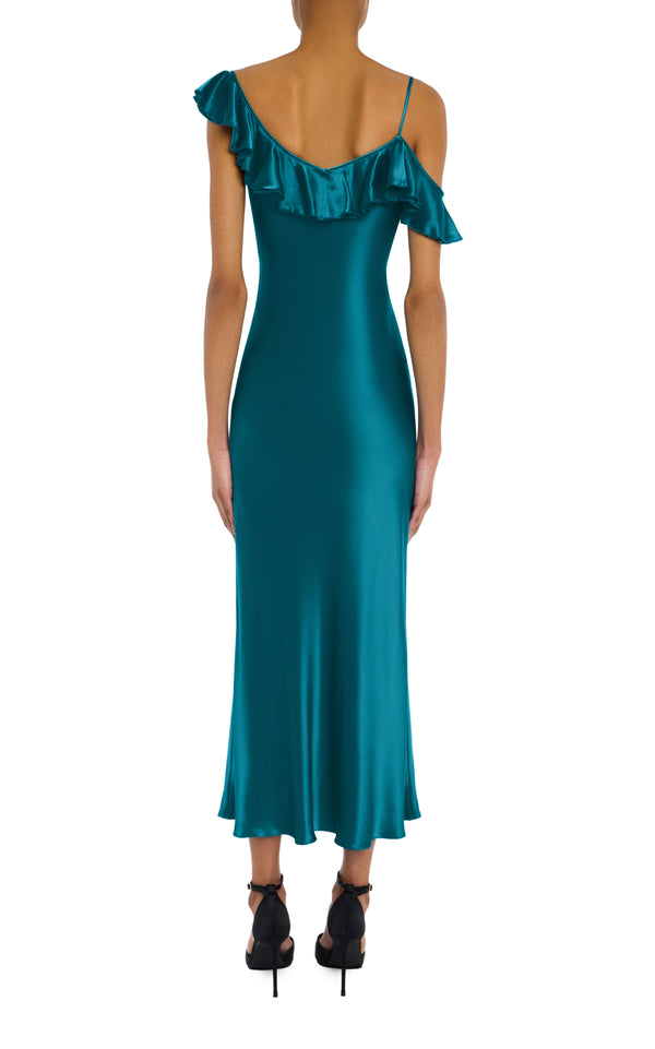 Rodarte Teal Silk Satin Dress With Ruffle Detail