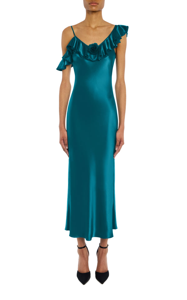 rodarte Teal Silk Satin Dress with Ruffle Detail rodarte Teal Silk Satin Dress with Ruffle Detail