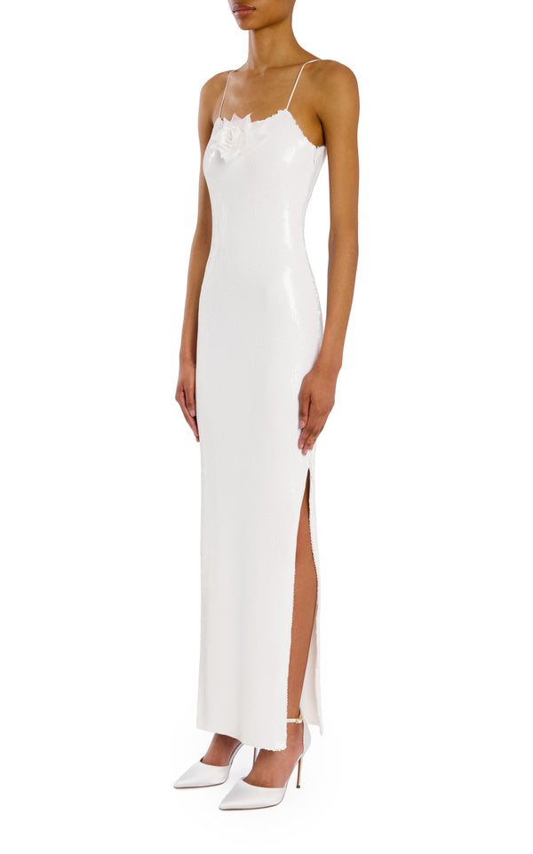 Rodarte White Sequin Gown With Flower Detail