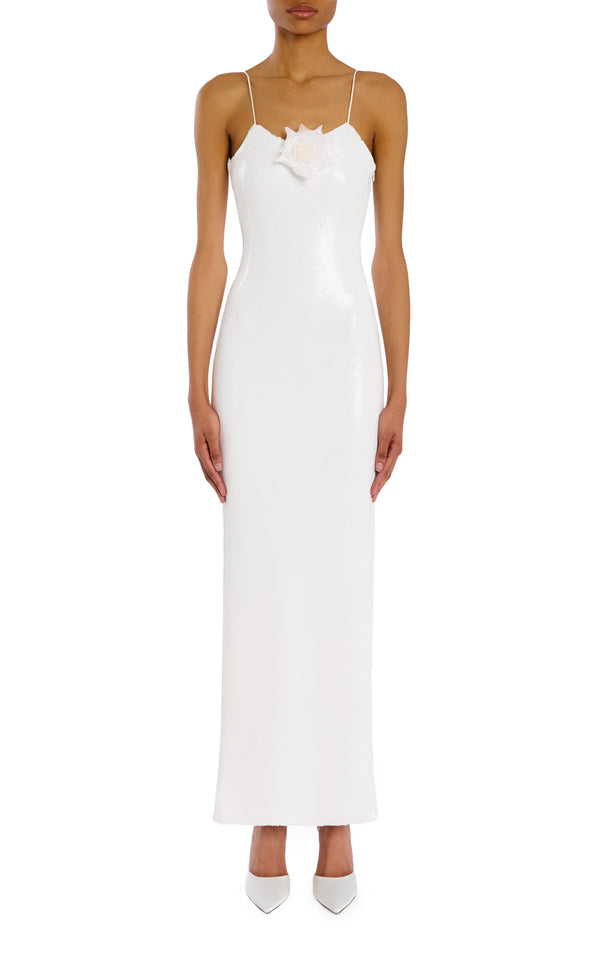 rodarte White Sequin Gown With Flower Detail