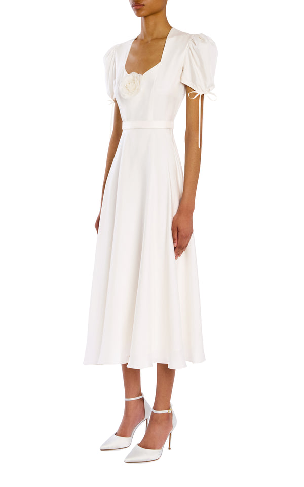 Rodarte White Silk Twill Dress With Rose And Belt