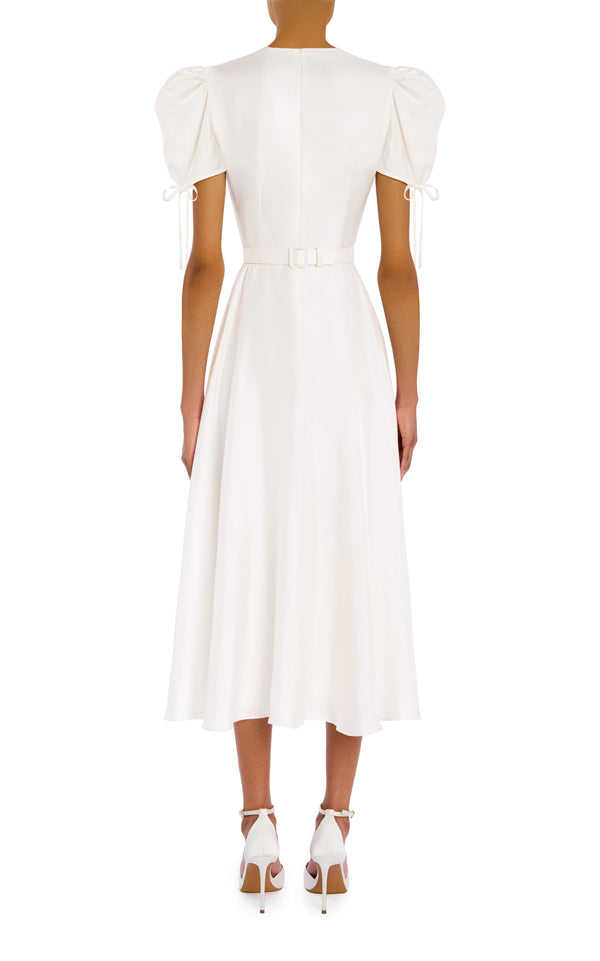 Rodarte White Silk Twill Dress With Rose And Belt