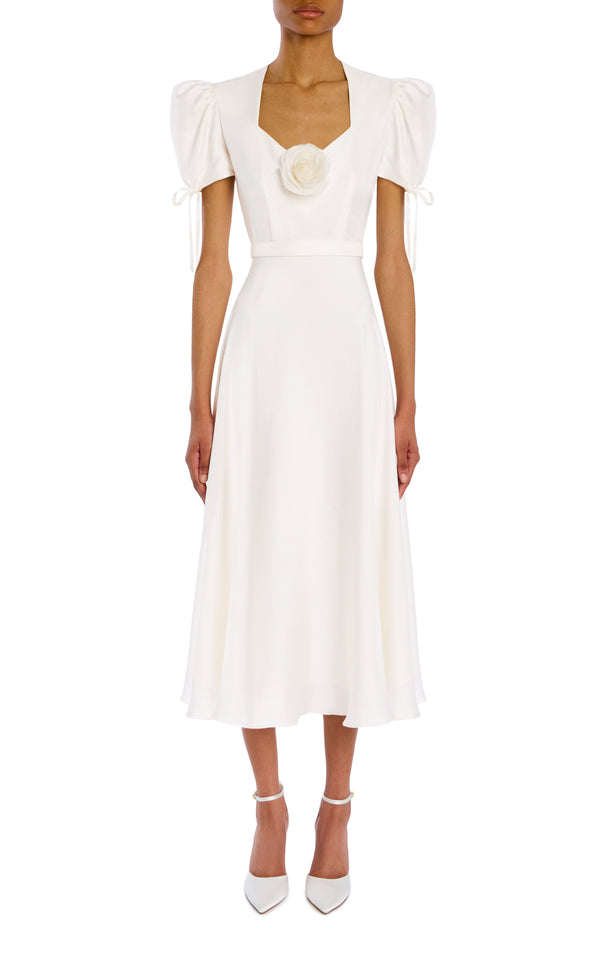 rodarte White Silk Twill Dress With Rose and Belt