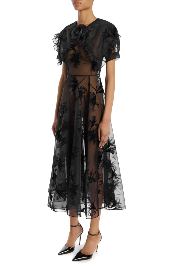 Rodarte Ruffled Black Floral Motif Flocked Dress With Flower