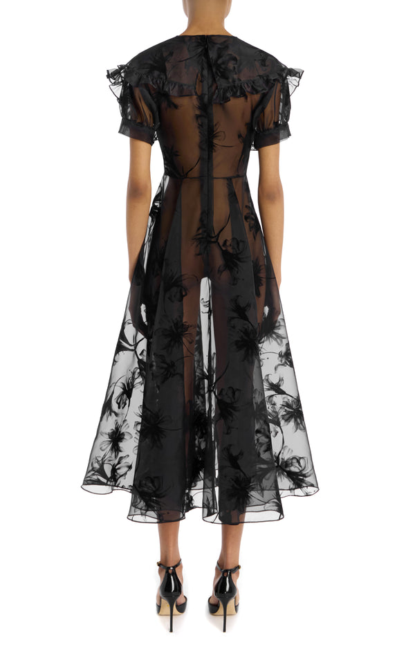 Rodarte Ruffled Black Floral Motif Flocked Dress With Flower