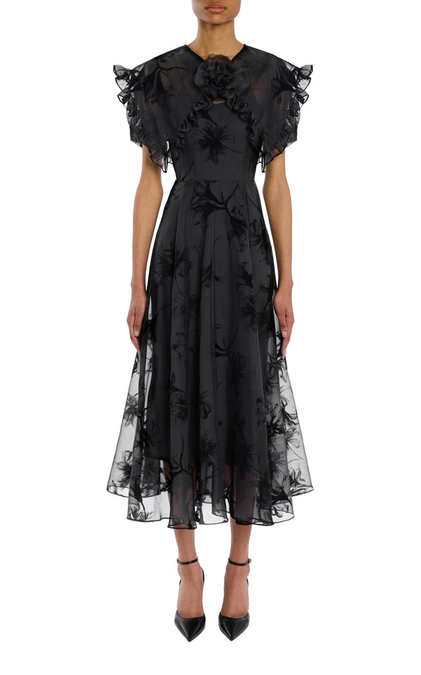 Rodarte Ruffled Black Floral Motif Flocked Dress With Flower