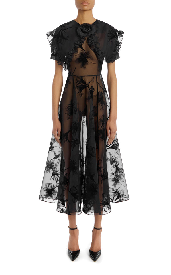 rodarte Ruffled Black Floral Motif Flocked Dress with Flower