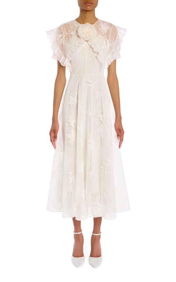 Rodarte Ruffled Off White Floral Motif Flocked Dress With Flower