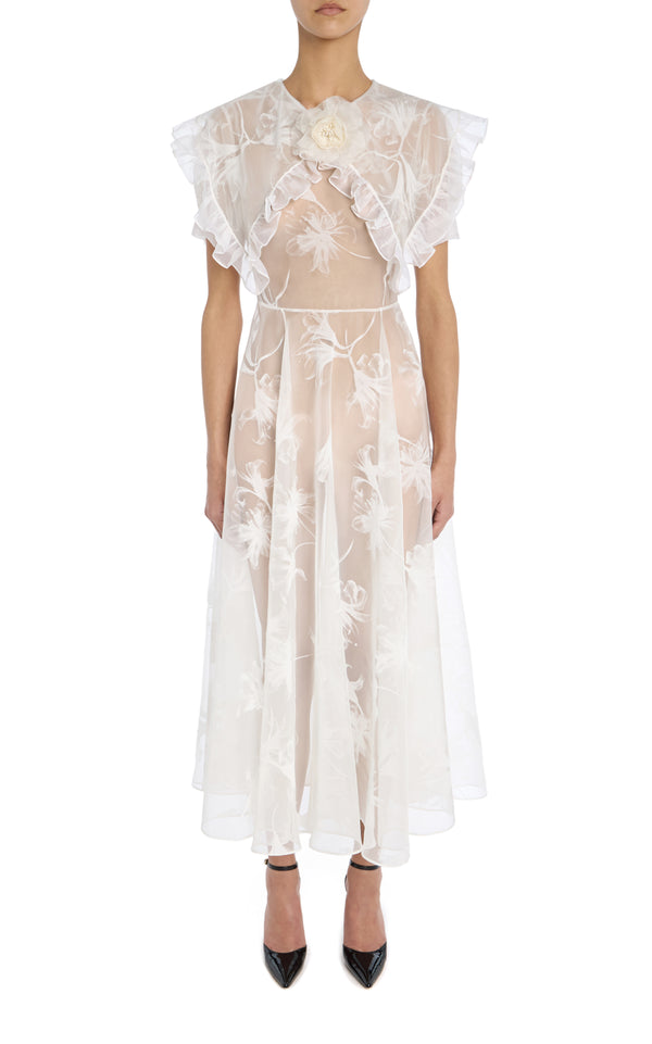 rodarte Ruffled Off White Floral Motif Flocked Dress with Flower