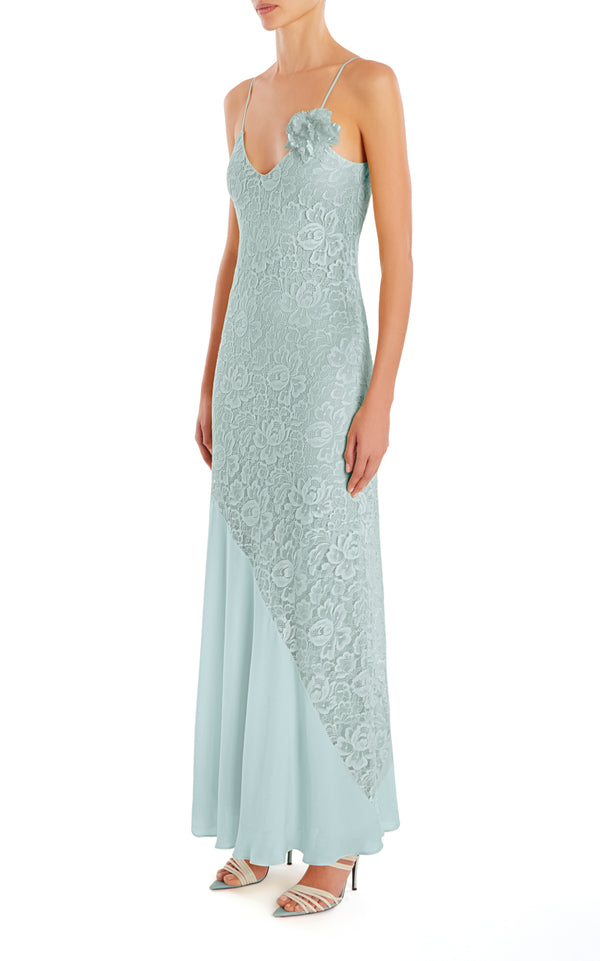 Rodarte Sea Foam French Levers Lace And Silk Georgette Bias Gown