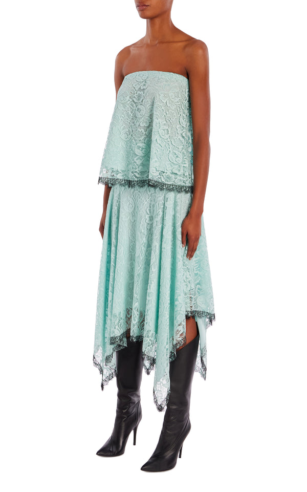 Rodarte Sea Foam French Levers Lace Asymmetrical Skirt With Black Lace Trim