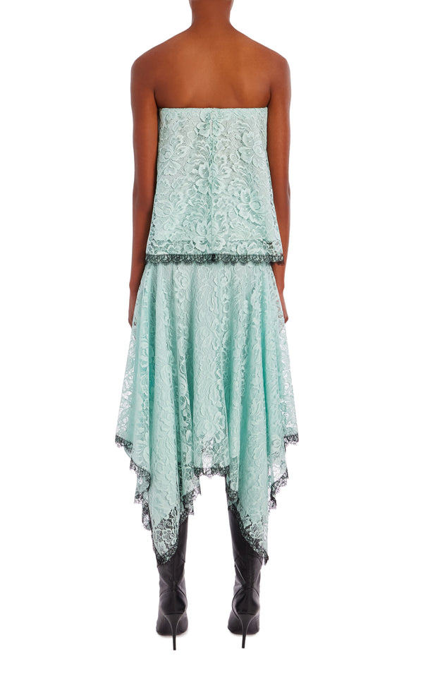 Rodarte Sea Foam French Levers Lace Asymmetrical Skirt With Black Lace Trim