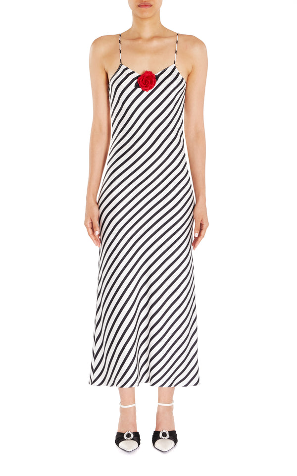 Rodarte Stripe Printed Silk Slip Dress With Rosette
