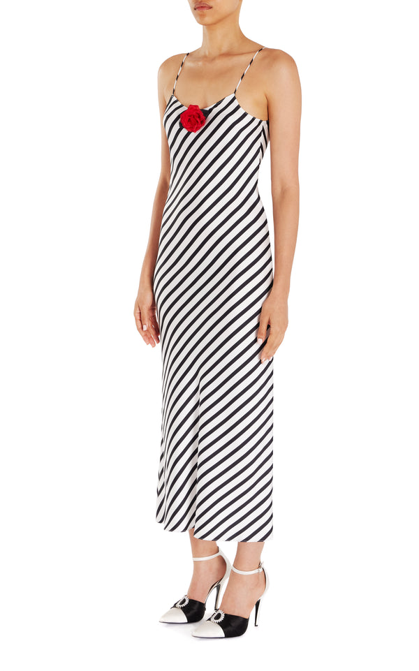 Rodarte Stripe Printed Silk Slip Dress With Rosette