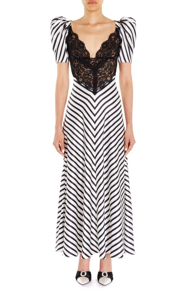 Rodarte Stripe Silk Satin Short Sleeve Dress With Black Lace Details
