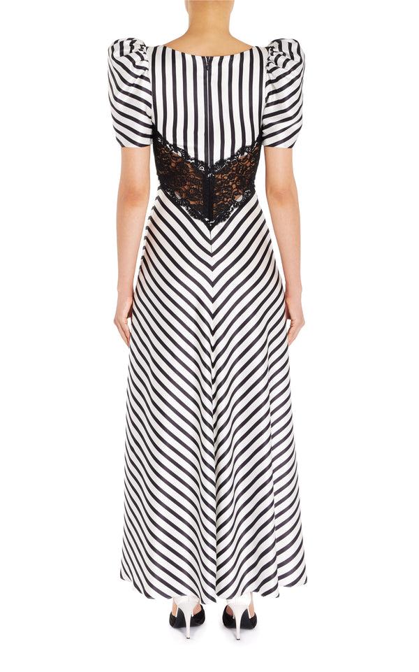 Rodarte Stripe Silk Satin Short Sleeve Dress With Black Lace Details