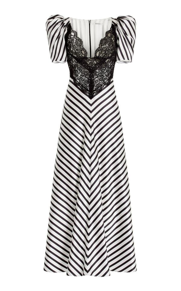 rodarte Stripe Silk Satin Short Sleeve Dress With Black Lace Details